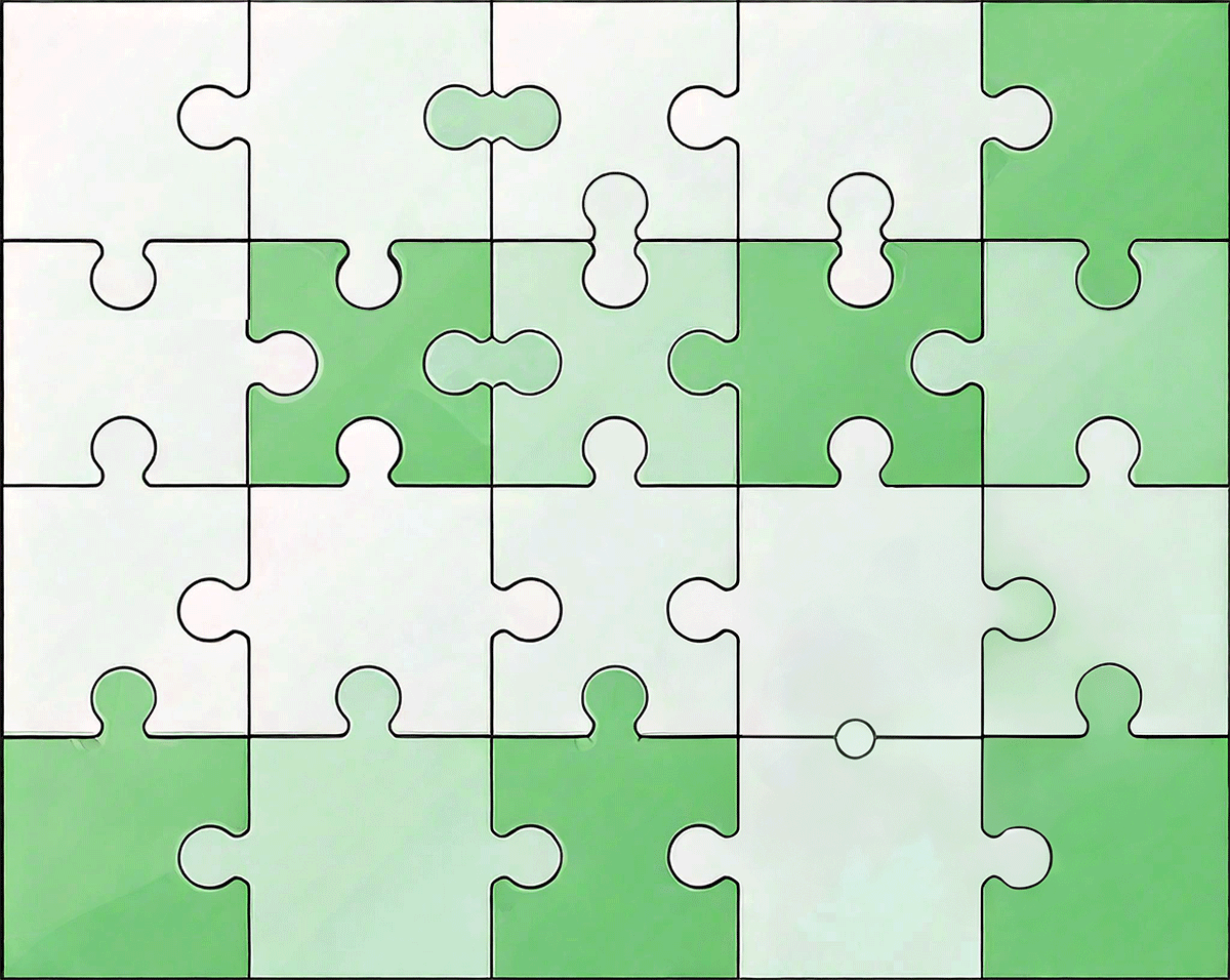 Grün-weißes Puzzle mit einzelnen fehlenden Teilen.